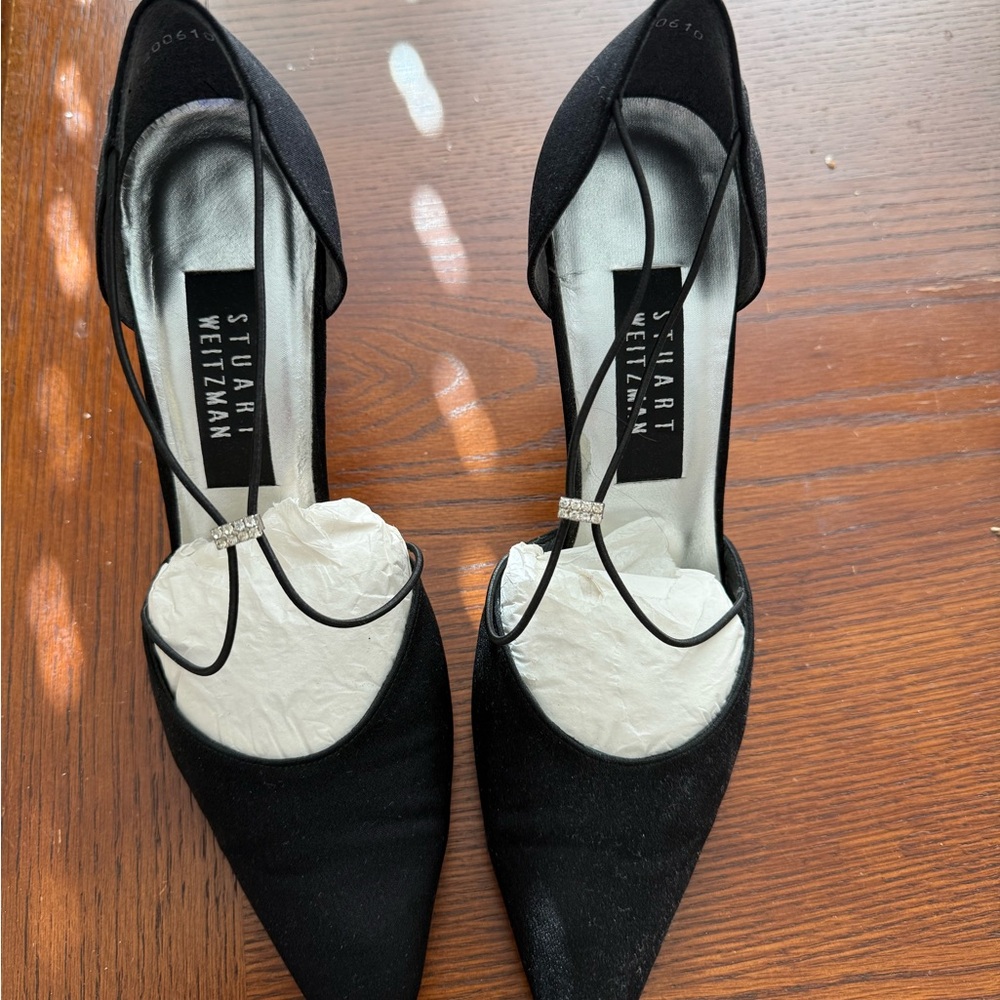 Stuart Weitzman Black Pointed Toe Strappy Pumps w/ Rhinestone Detail – Size 7.5